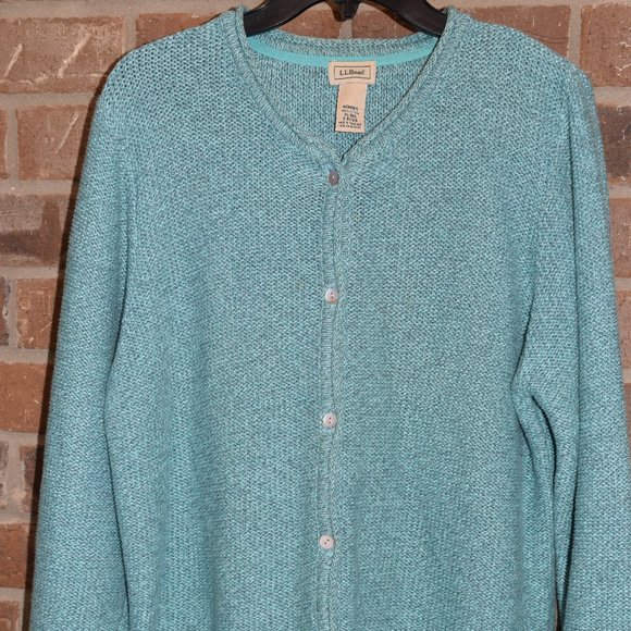 L.L. Bean Cardigan Sweater Womens XL Turquoise 100% Cotton Button Down - Picture 1 of 3